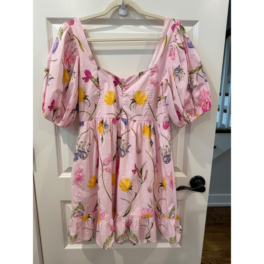 Beyond by Vera Pink Floral Cotton Puff Sleeve Mini Dress Square Neck Small - Picture 2 of 12